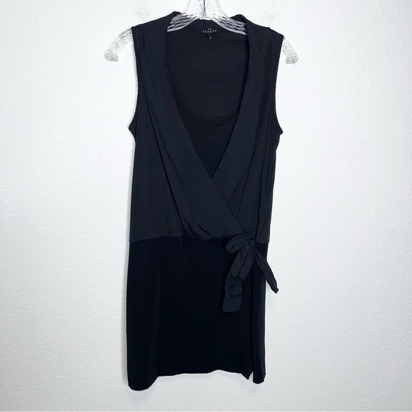 Theory Dress Women Size 6 Faux Wrap Black Front Tie Silk Blend Layered Sheath  J - Picture 1 of 8